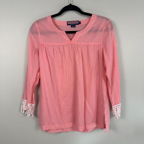 Vineyard Vines Tops - Vineyard Vines Shep & Ian Womens Medium Pink Long Sleeve Tunic Shirt Lace Blouse